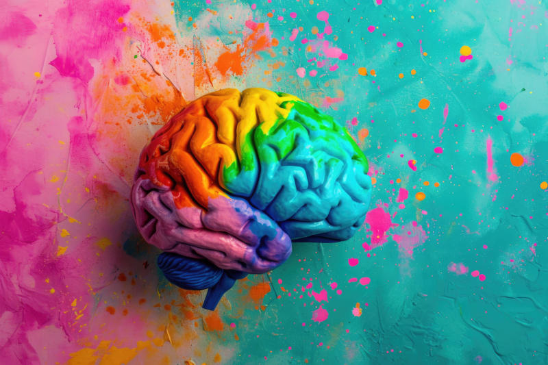 Colourful Brain Model on Artistic Paint Splattered Background, Creative Mind Concept